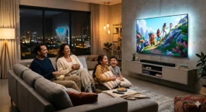 Une famille profite de son abonnement iron tv pro sur une Smart TV